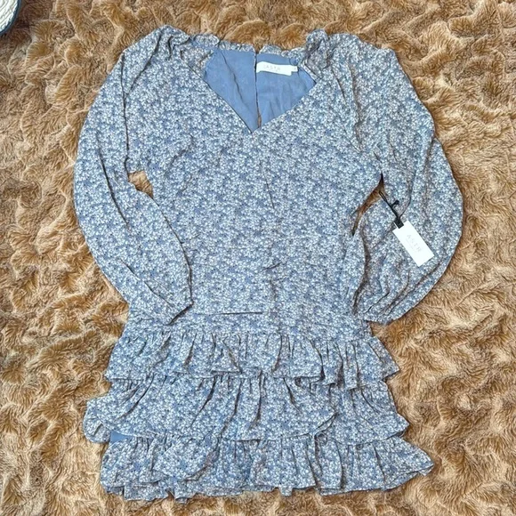 ASTR The Label Floral Blue Dress with Ruffle Hem Size L - Picture 4 of 13